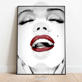 Marilyn Monroe Red Lips Wall Art | Glamorous Black and White Portrait Print - A4 – 21x29cm (8x12’’) - Print